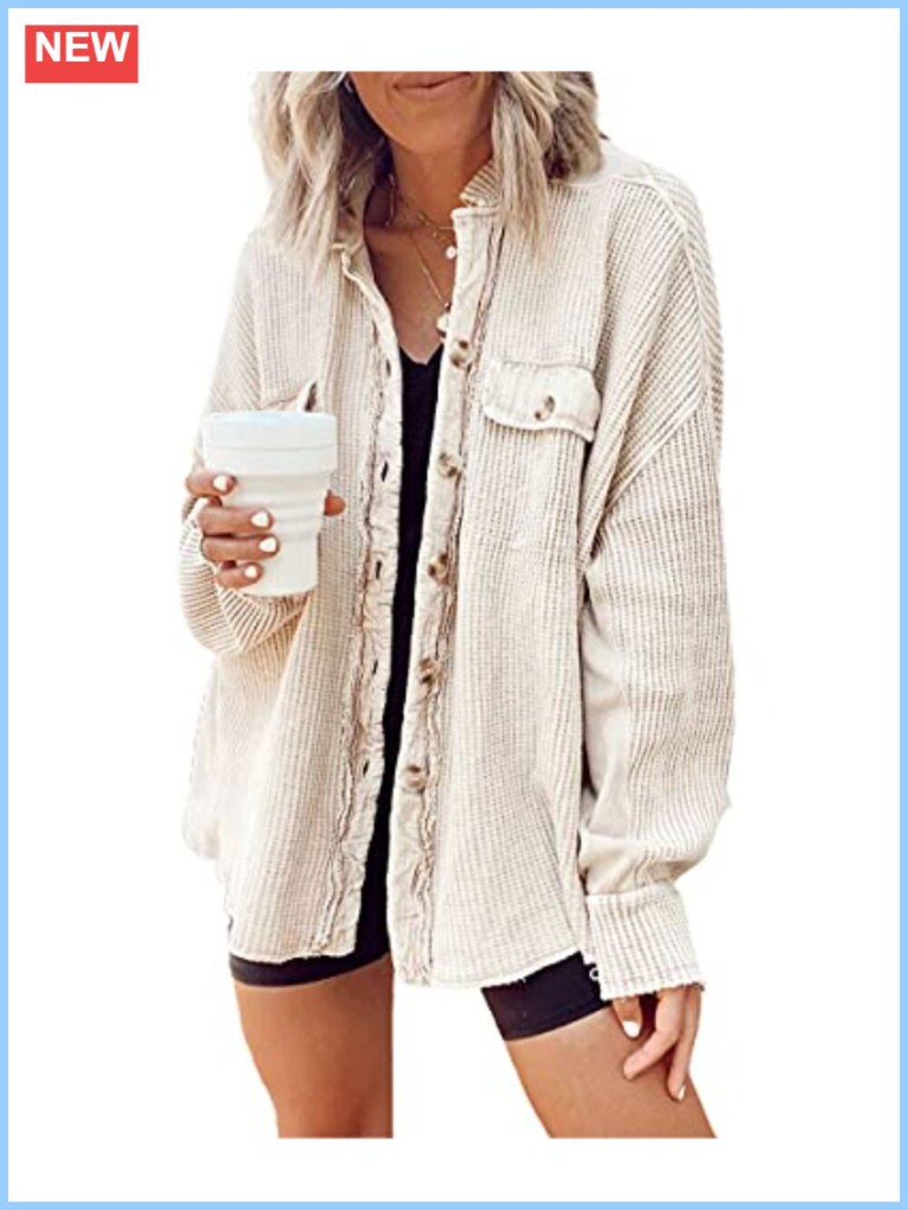 Womens Batwing Sleeve Waffle Textured Boyfriend Cardigan Shacket